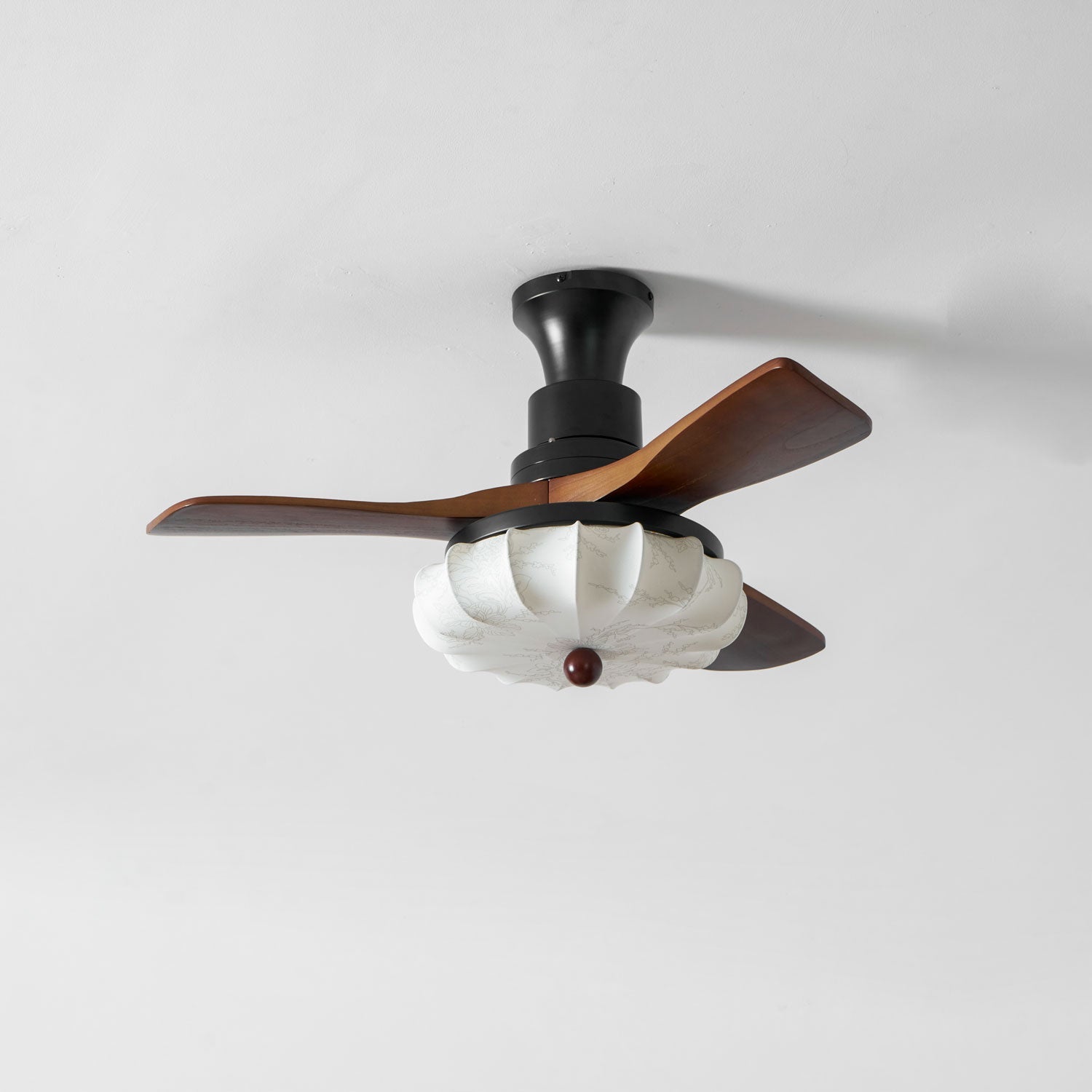 Lotus Shade Ceiling Fan in Walnut and Black with LED Light