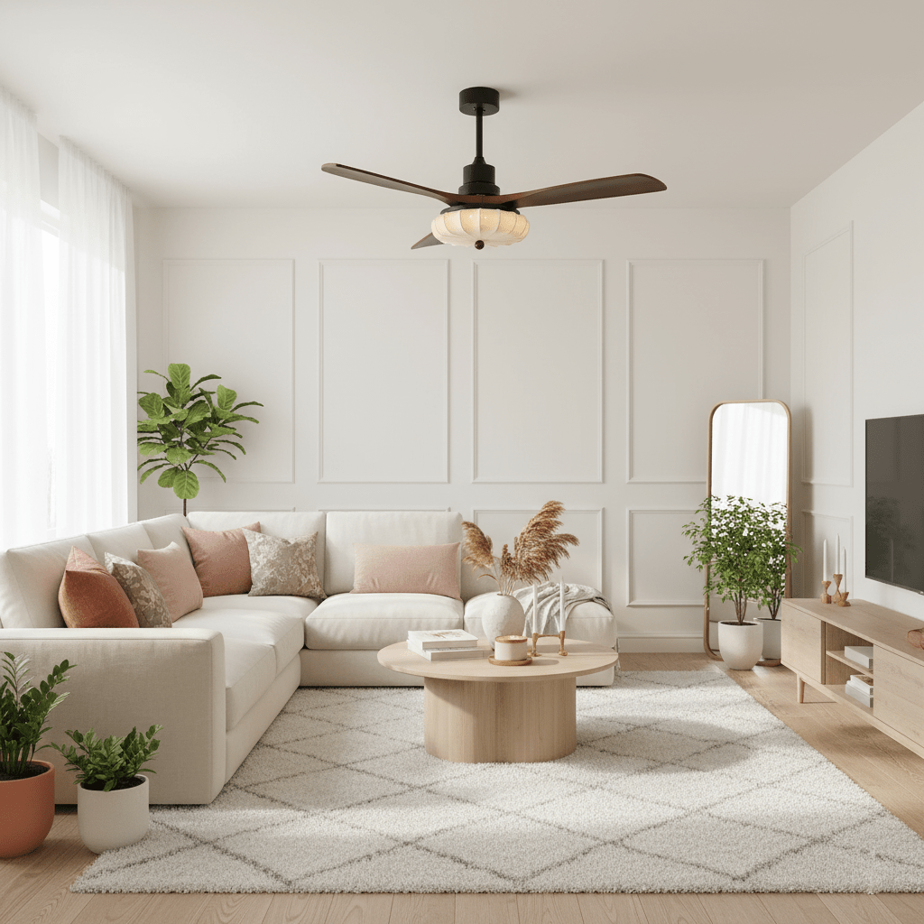 Lotus Shade Ceiling Fan in Walnut and Black with LED Light