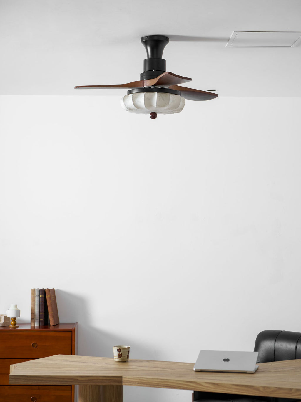 Lotus Shade Ceiling Fan in Walnut and Black with LED Light