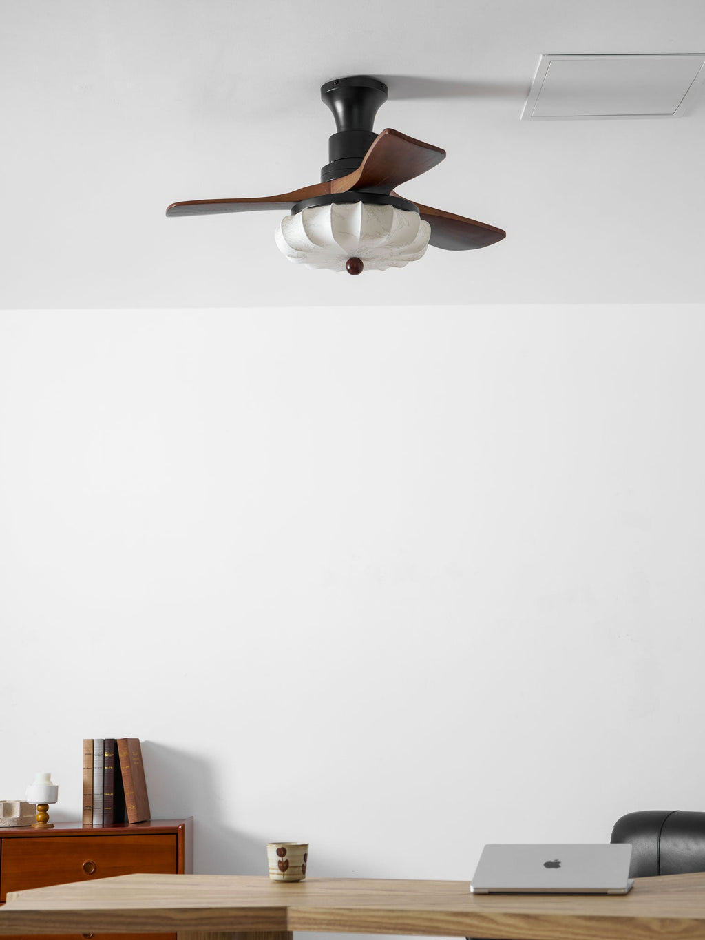 Lotus Shade Ceiling Fan in Walnut and Black with LED Light