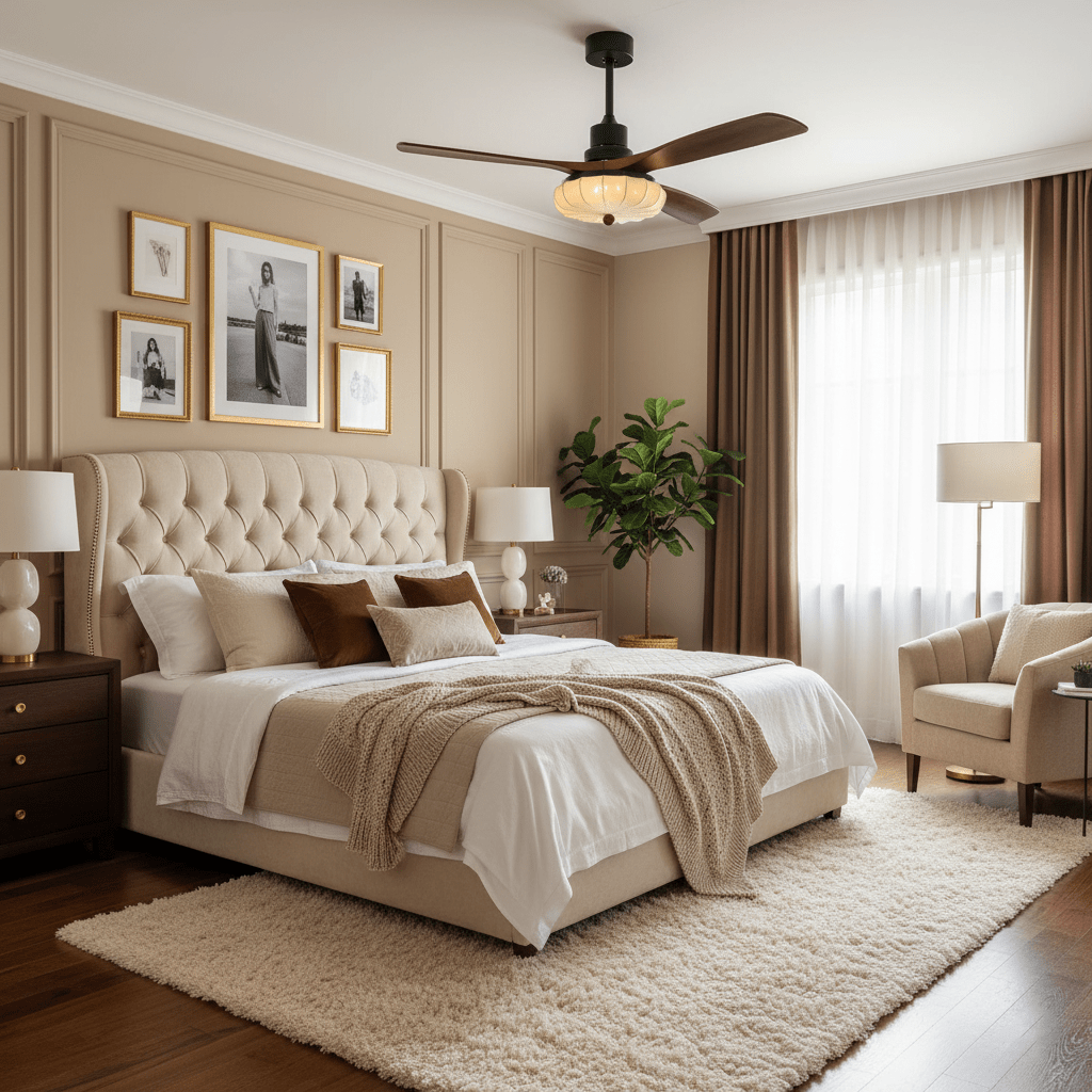 Lotus Shade Ceiling Fan in Walnut and Black with LED Light