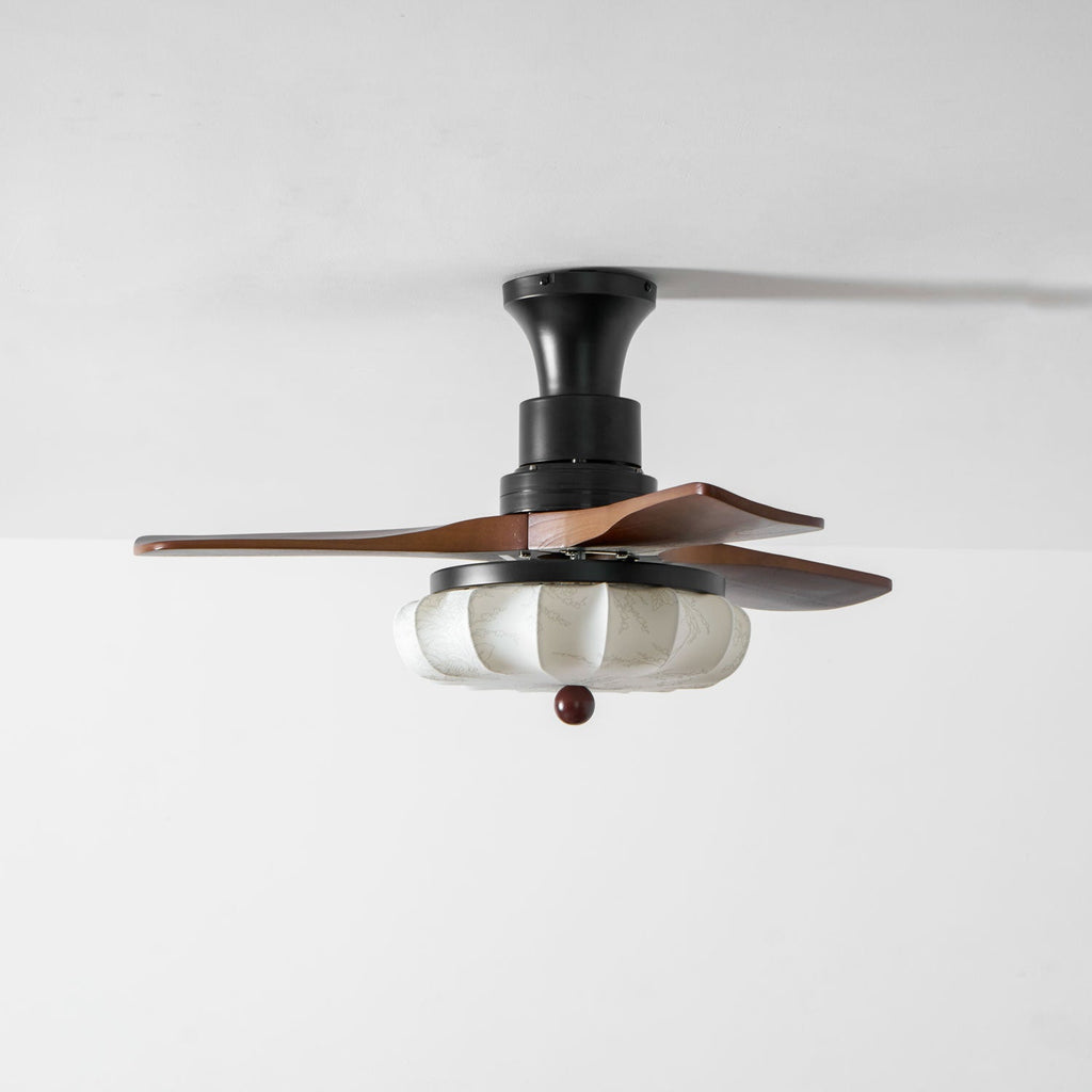 Lotus Shade Ceiling Fan in Walnut and Black with LED Light