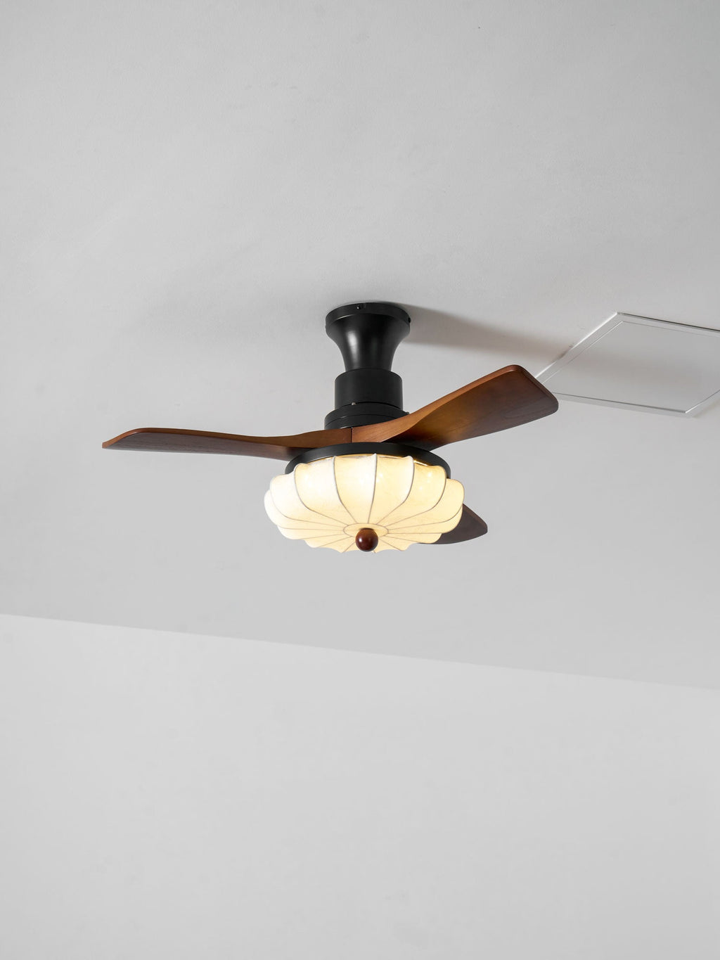 Lotus Shade Ceiling Fan in Walnut and Black with LED Light