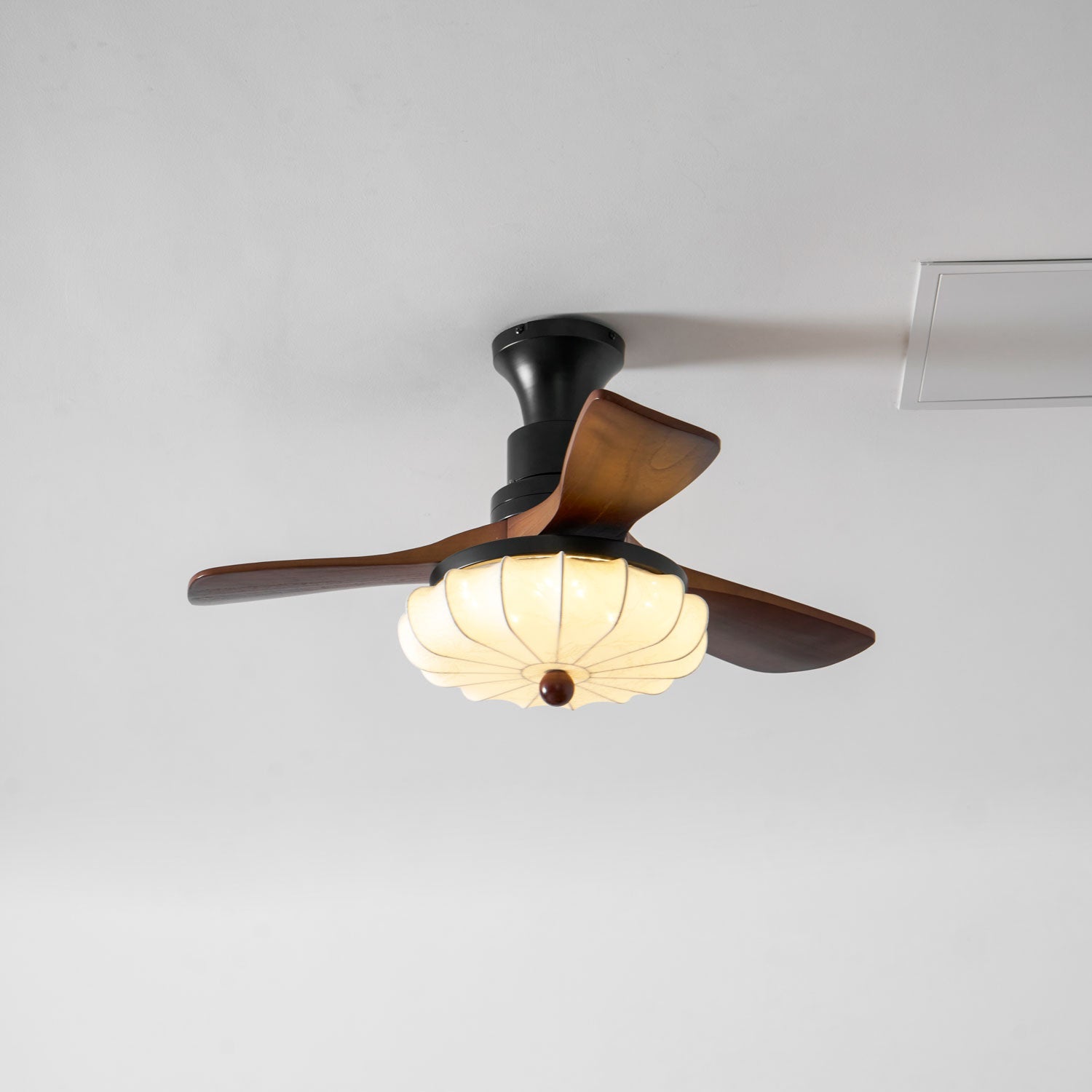 Lotus Shade Ceiling Fan in Walnut and Black with LED Light