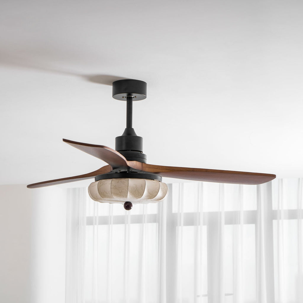 Lotus Shade Ceiling Fan in Walnut and Black with LED Light