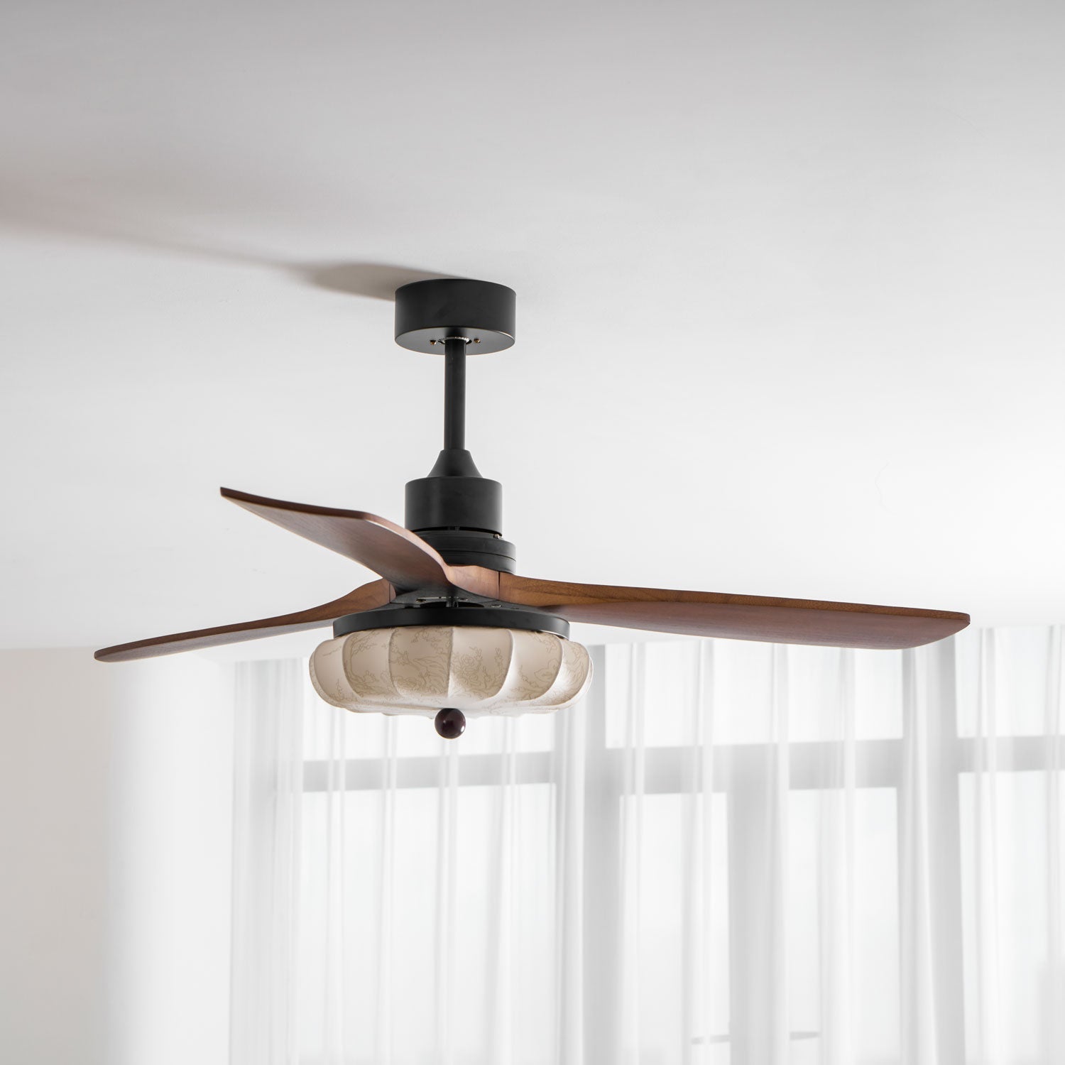 Lotus Shade Ceiling Fan in Walnut and Black with LED Light