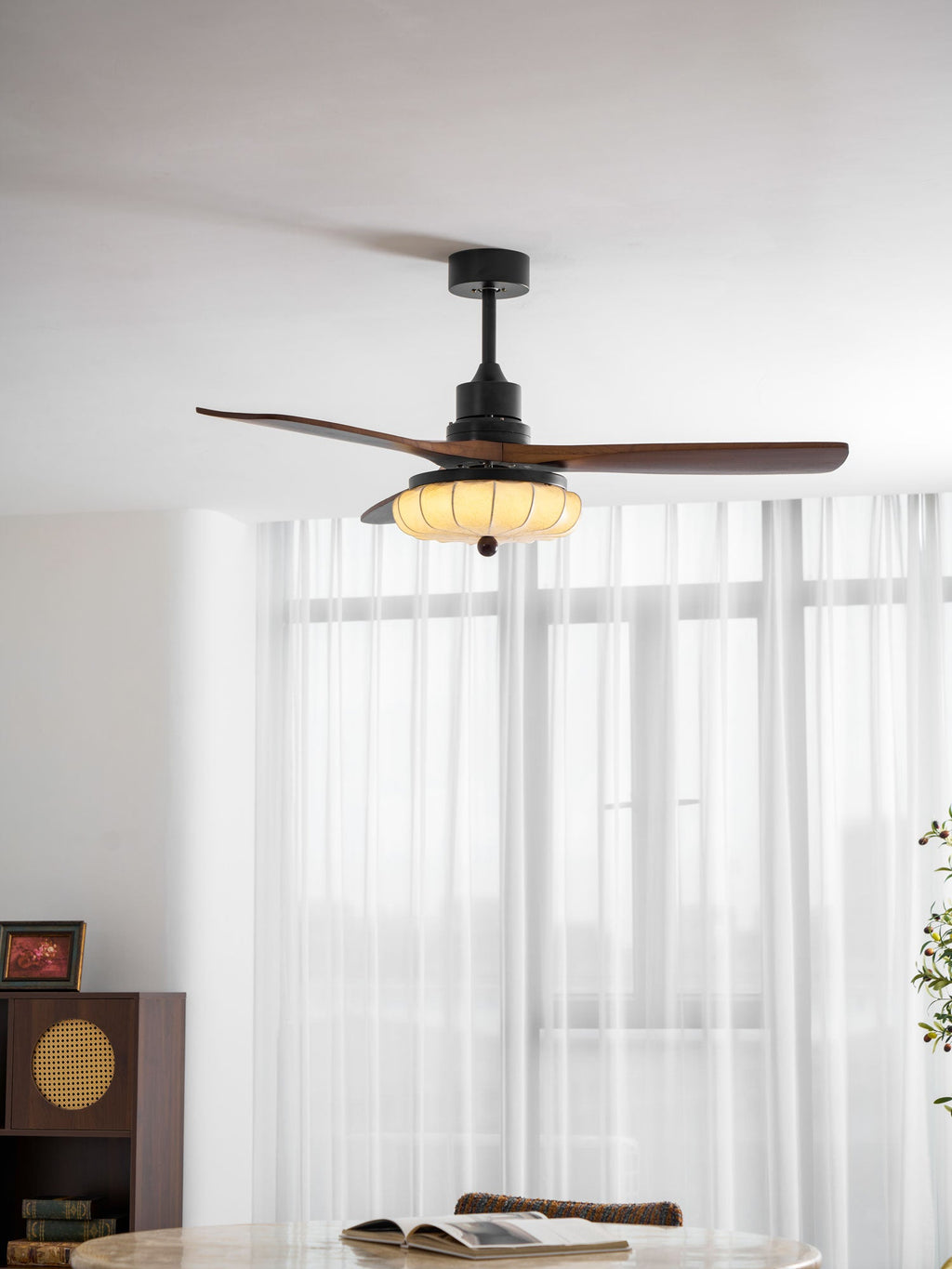 Lotus Shade Ceiling Fan in Walnut and Black with LED Light