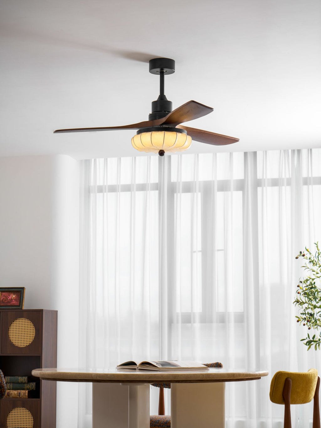 Lotus Shade Ceiling Fan in Walnut and Black with LED Light