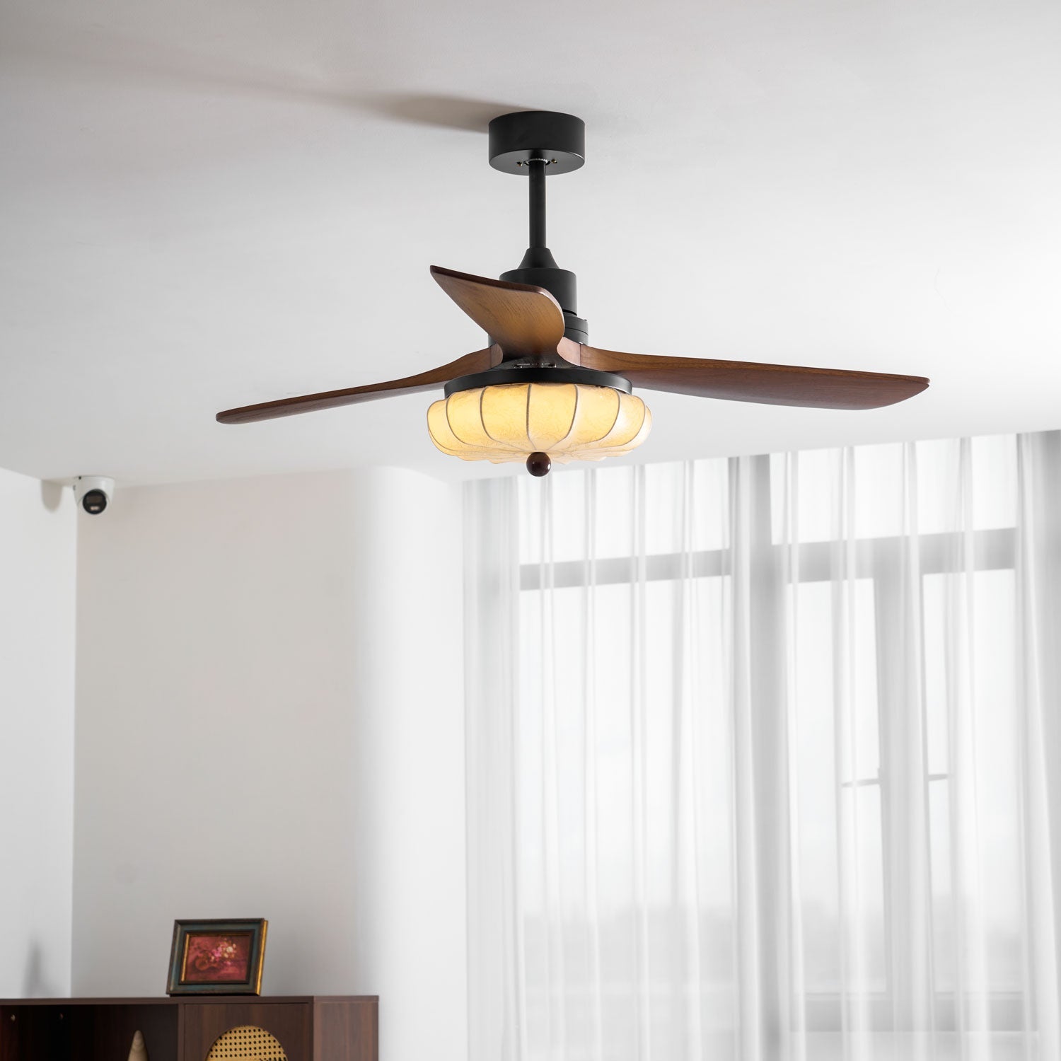 Lotus Shade Ceiling Fan in Walnut and Black with LED Light