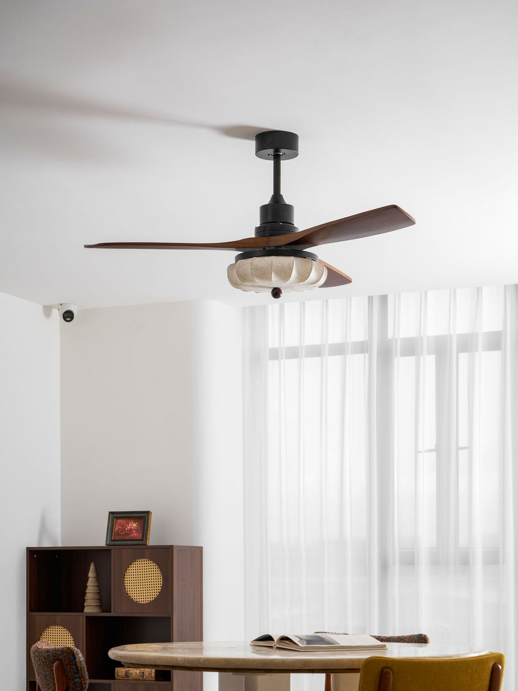 Lotus Shade Ceiling Fan in Walnut and Black with LED Light