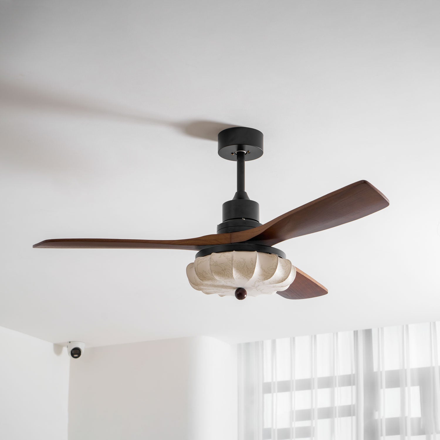 Lotus Shade Ceiling Fan in Walnut and Black with LED Light