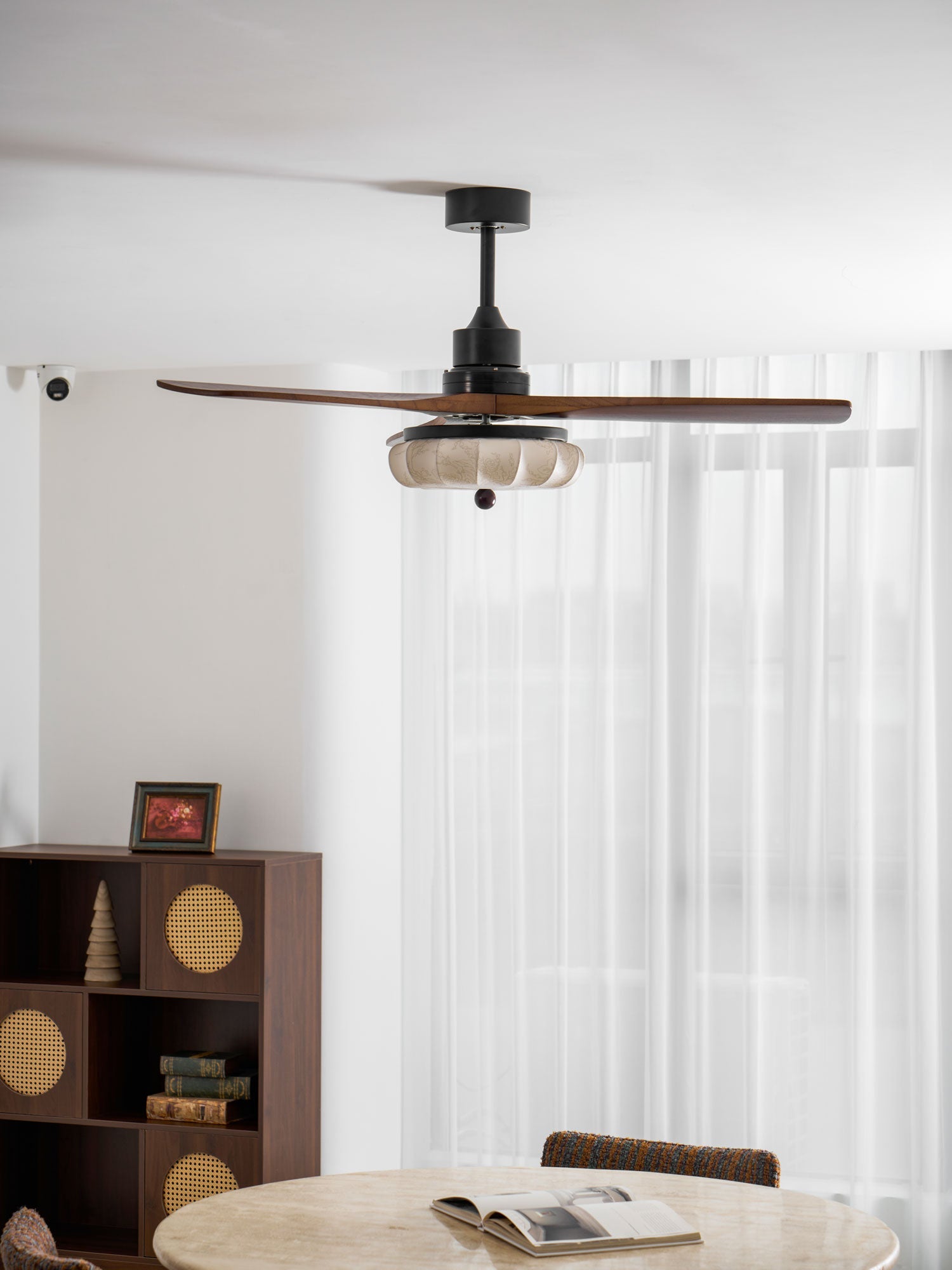 Lotus Shade Ceiling Fan in Walnut and Black with LED Light