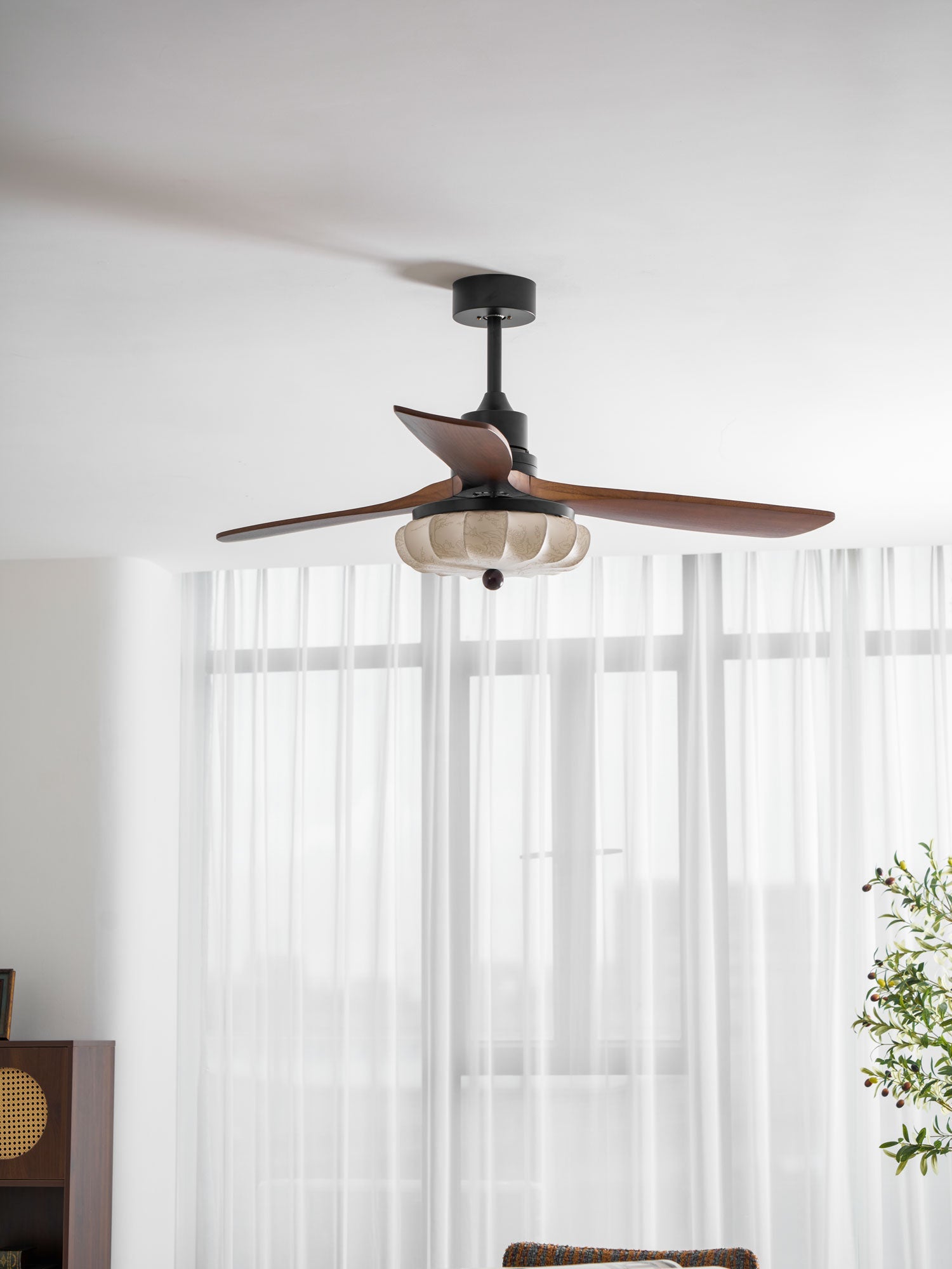 Lotus Shade Ceiling Fan in Walnut and Black with LED Light