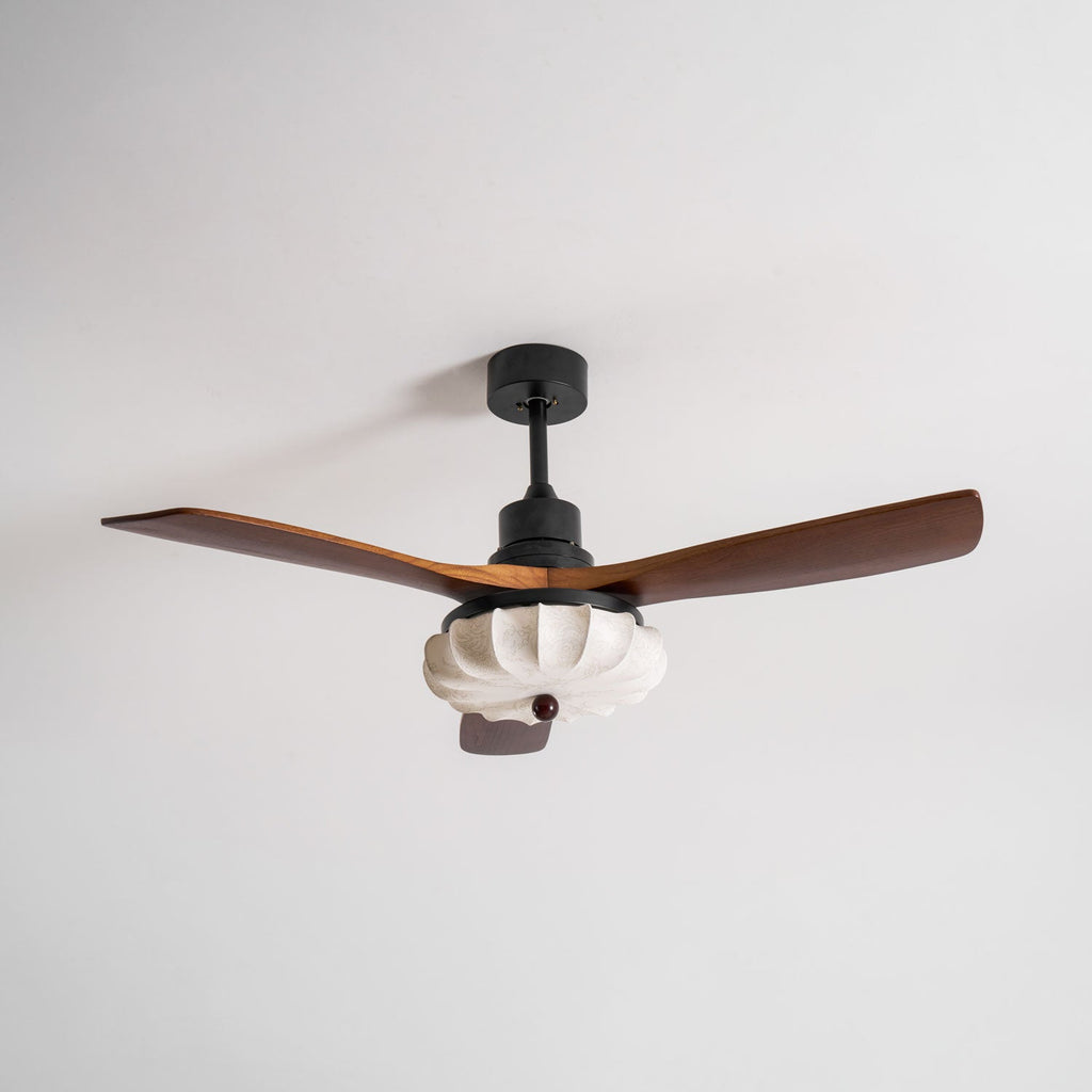 Lotus Shade Ceiling Fan in Walnut and Black with LED Light