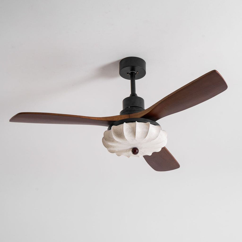 Lotus Shade Ceiling Fan in Walnut and Black with LED Light