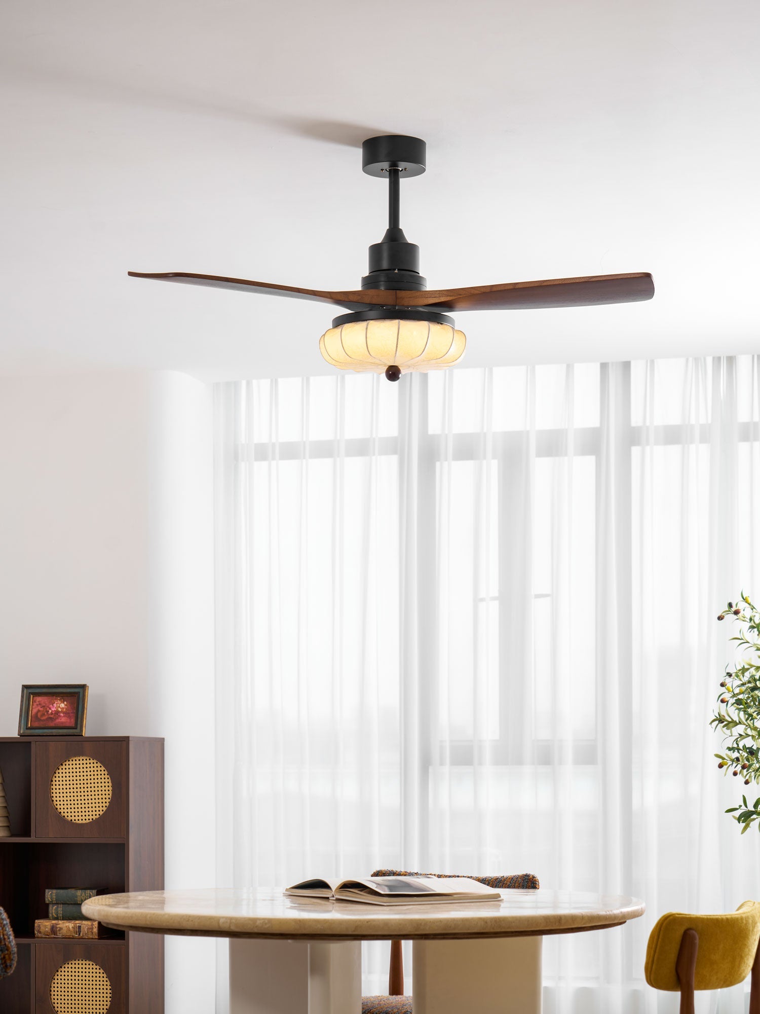 Lotus Shade Ceiling Fan in Walnut and Black with LED Light