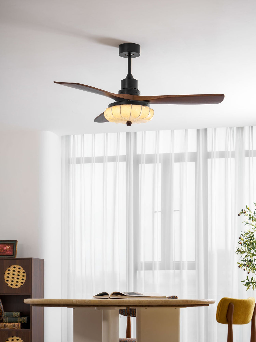 Lotus Shade Ceiling Fan in Walnut and Black with LED Light