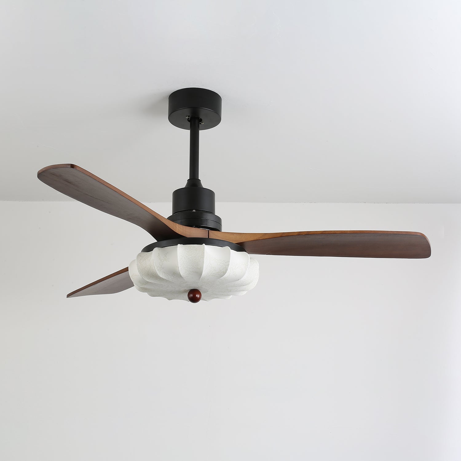 Lotus Shade Ceiling Fan in Walnut and Black with LED Light