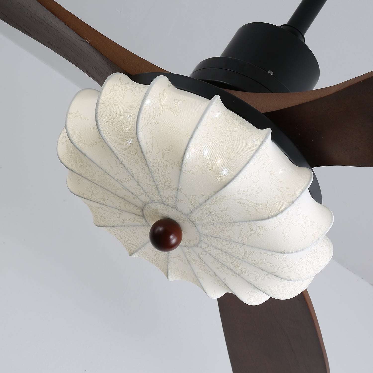 Lotus Shade Ceiling Fan in Walnut and Black with LED Light