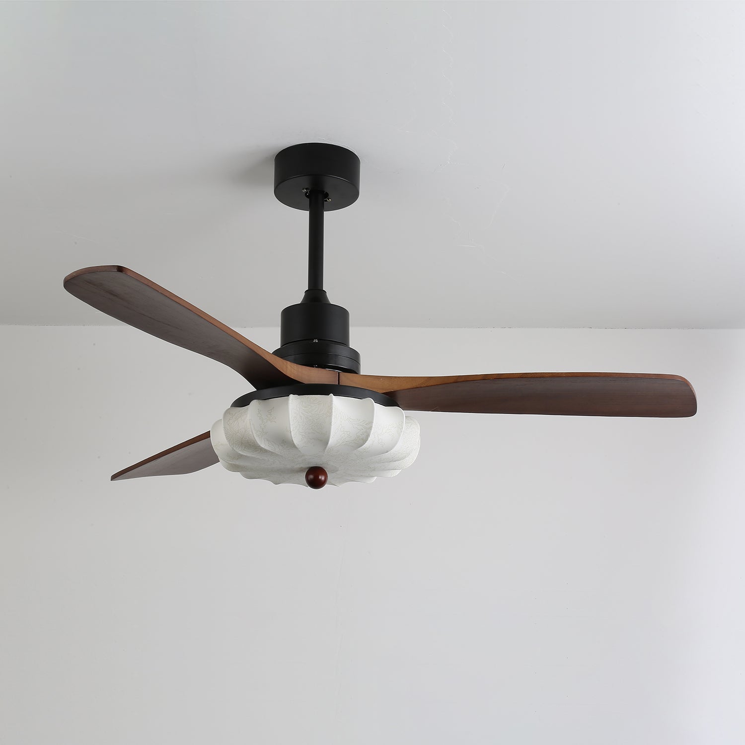 Lotus Shade Ceiling Fan in Walnut and Black with LED Light