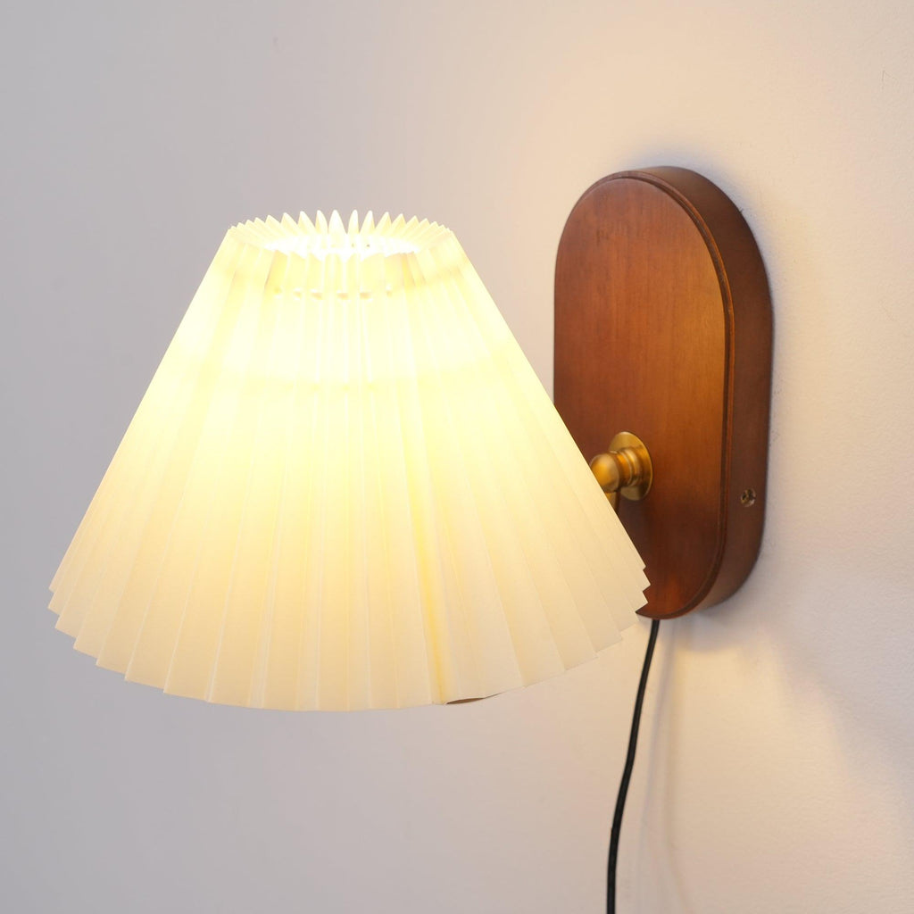 Pleated Shade Plug-In Wall Sconce with Wood Backplate and Brass Arm