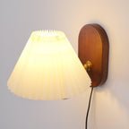 Pleated Shade Plug-In Wall Sconce with Wood Backplate and Brass Arm