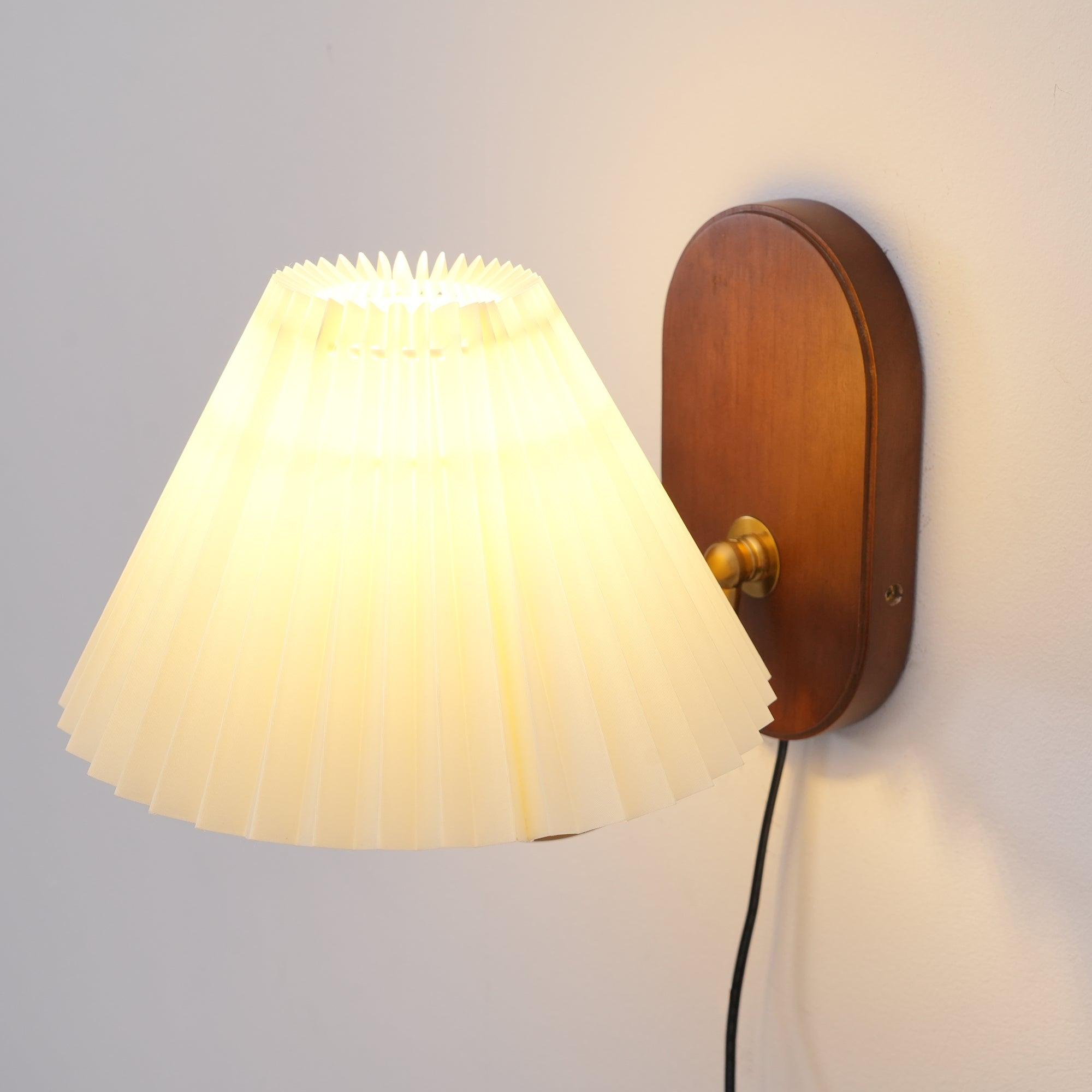 Pleated Shade Plug-In Wall Sconce with Wood Backplate and Brass Arm