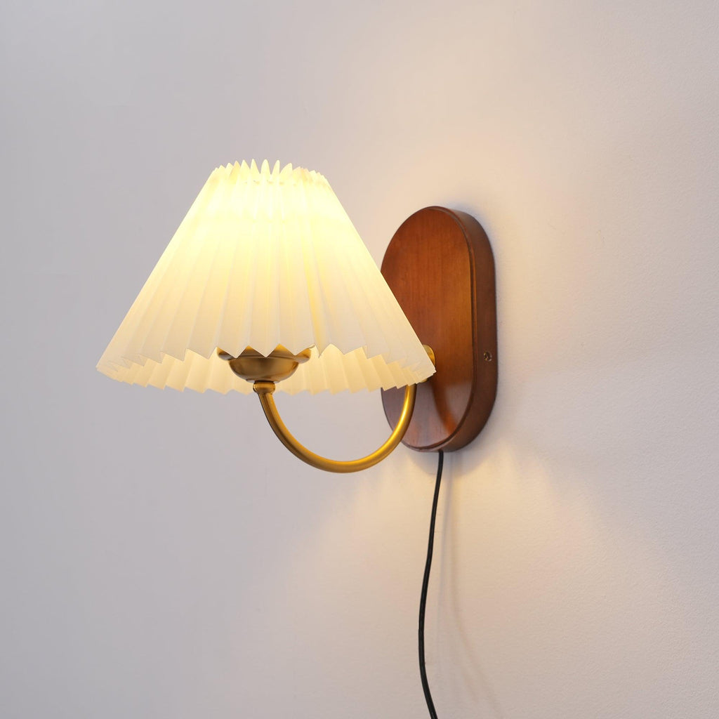 Pleated Shade Plug-In Wall Sconce with Wood Backplate and Brass Arm