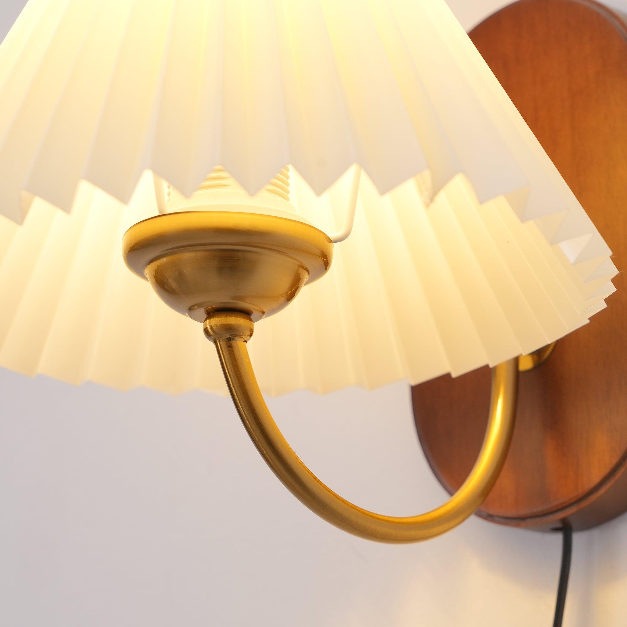 Pleated Shade Plug-In Wall Sconce with Wood Backplate and Brass Arm