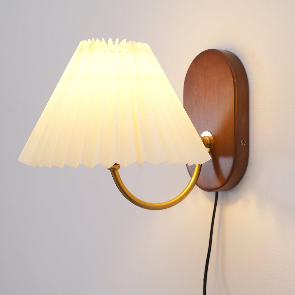 Pleated Shade Plug-In Wall Sconce with Wood Backplate and Brass Arm