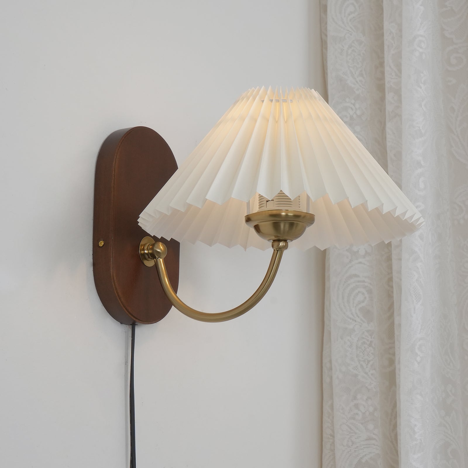 Pleated Shade Plug-In Wall Sconce with Wood Backplate and Brass Arm