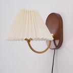 Pleated Shade Plug-In Wall Sconce with Wood Backplate and Brass Arm