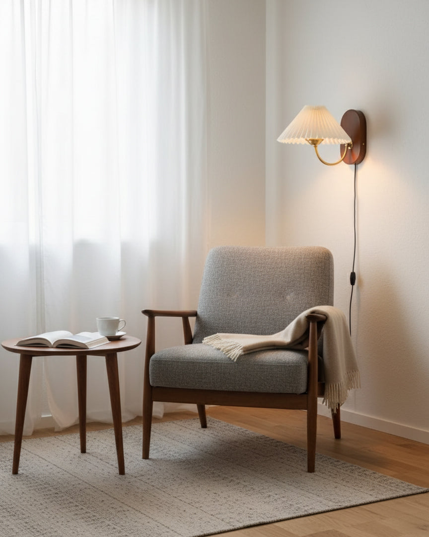 Pleated Shade Plug-In Wall Sconce with Wood Backplate and Brass Arm