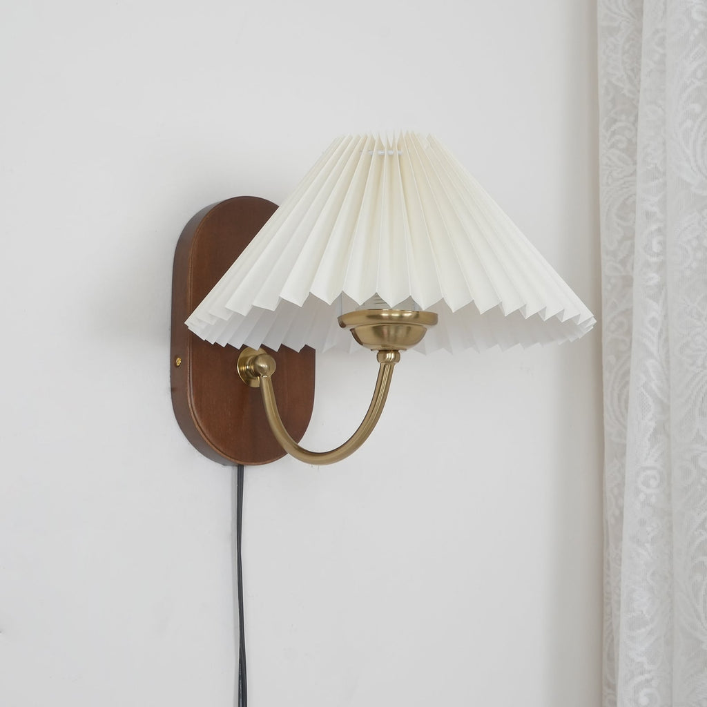 Pleated Shade Plug-In Wall Sconce with Wood Backplate and Brass Arm