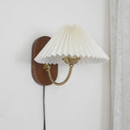 Pleated Shade Plug-In Wall Sconce with Wood Backplate and Brass Arm
