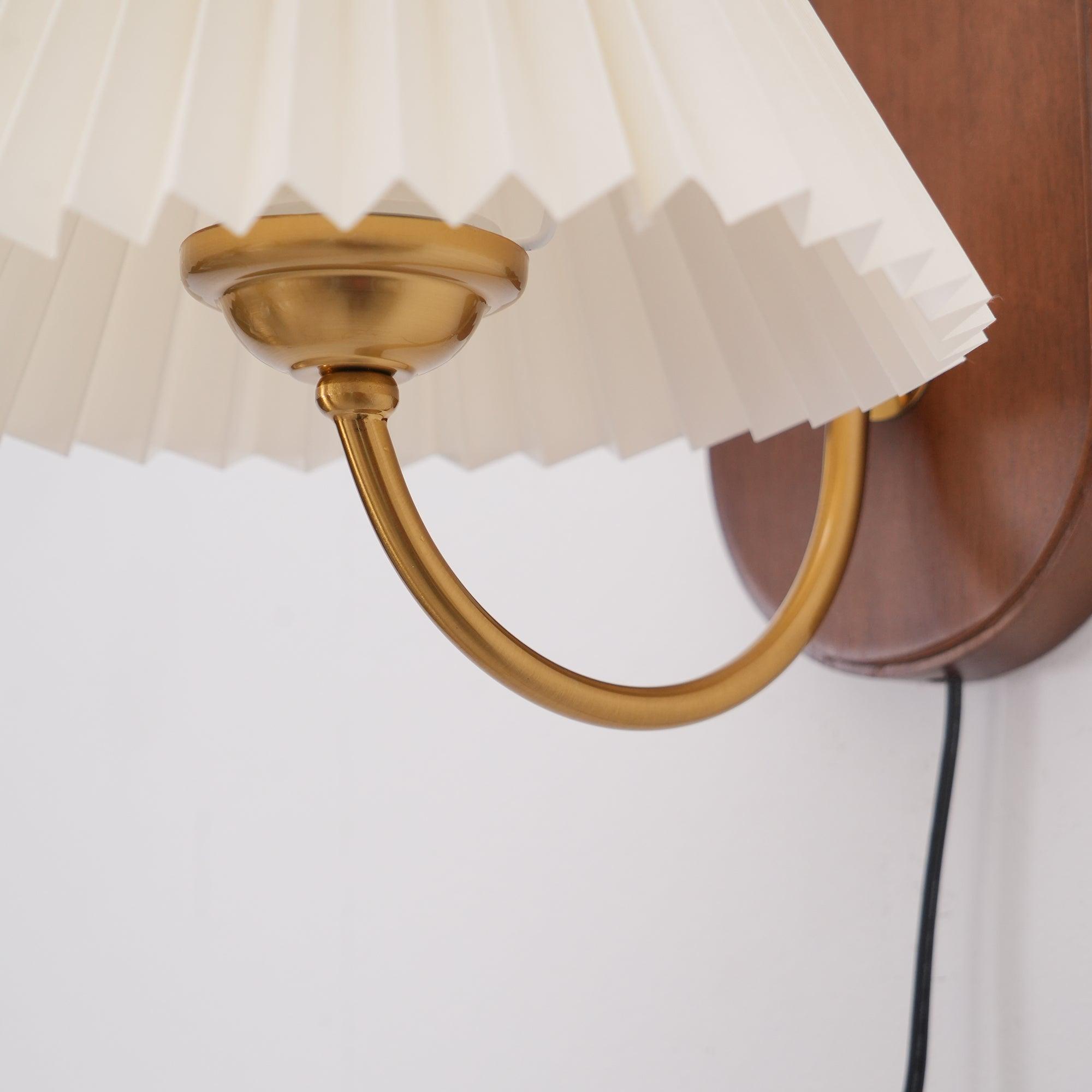 Pleated Shade Plug-In Wall Sconce with Wood Backplate and Brass Arm