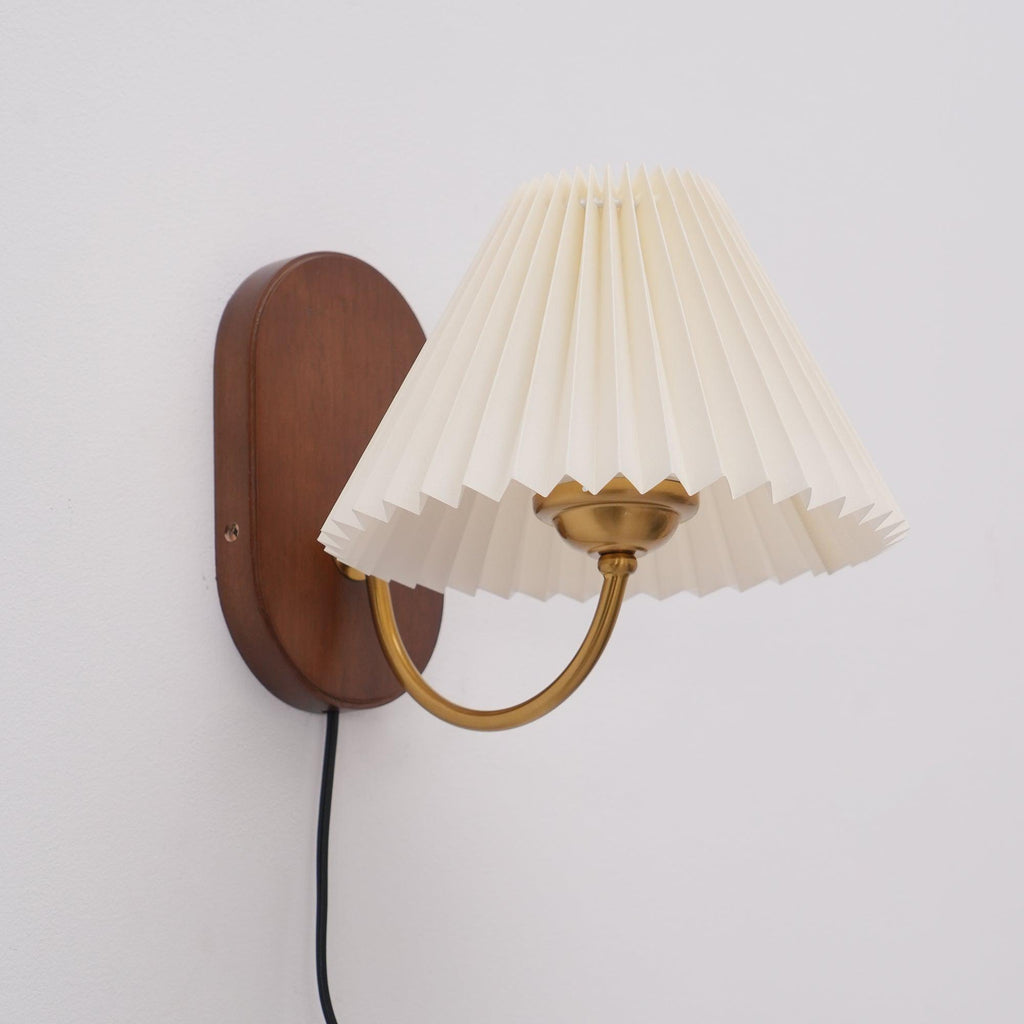 Pleated Shade Plug-In Wall Sconce with Wood Backplate and Brass Arm