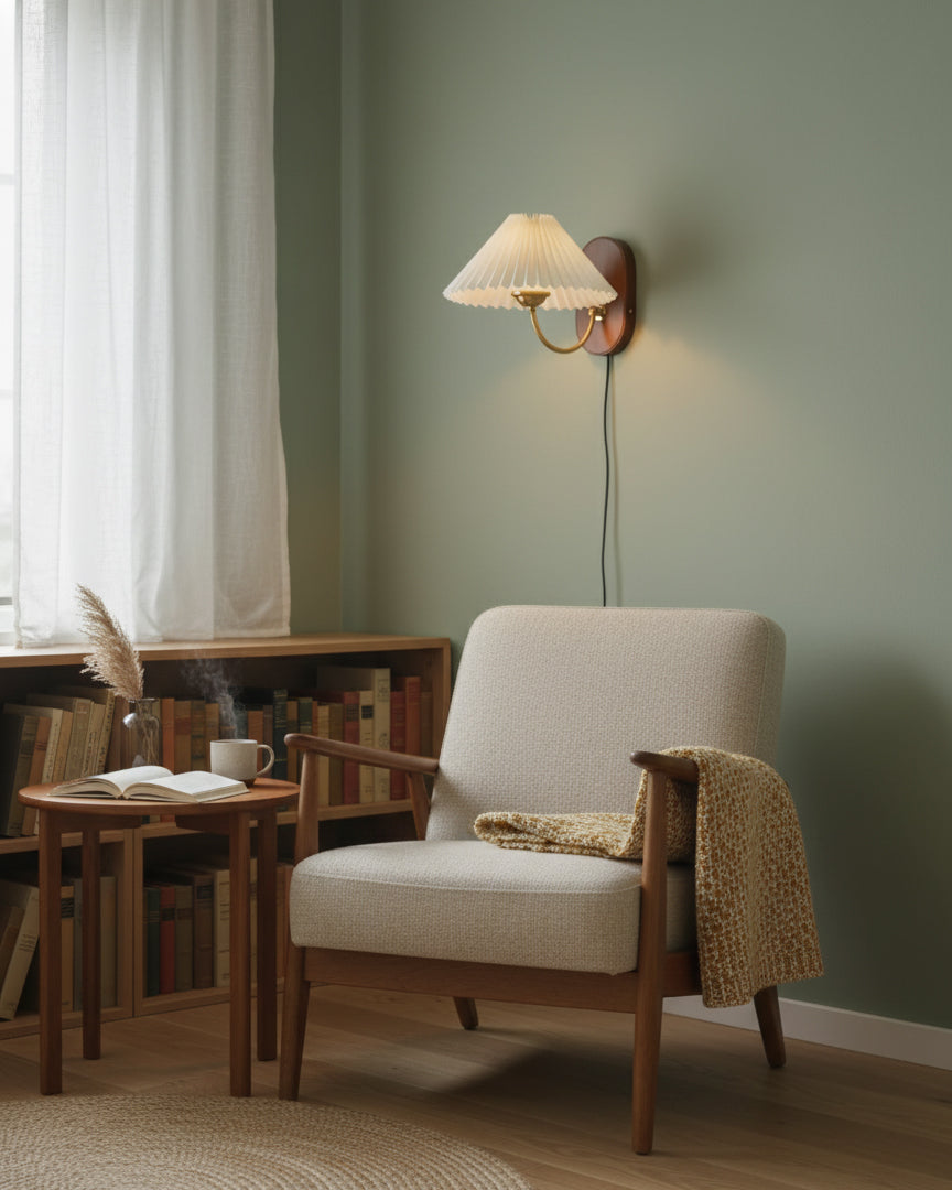 Pleated Shade Plug-In Wall Sconce with Wood Backplate and Brass Arm