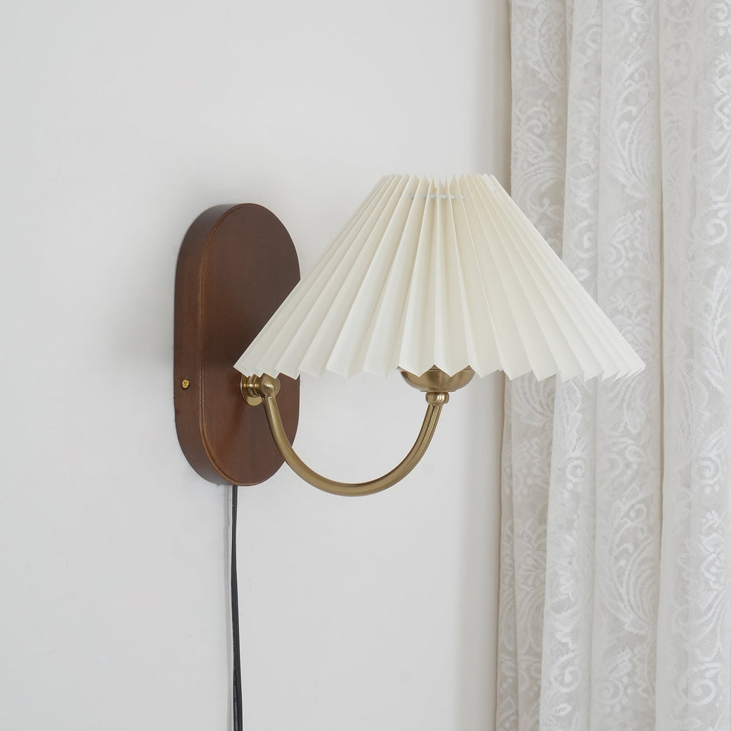Pleated Shade Plug-In Wall Sconce with Wood Backplate and Brass Arm