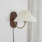 Pleated Shade Plug-In Wall Sconce with Wood Backplate and Brass Arm