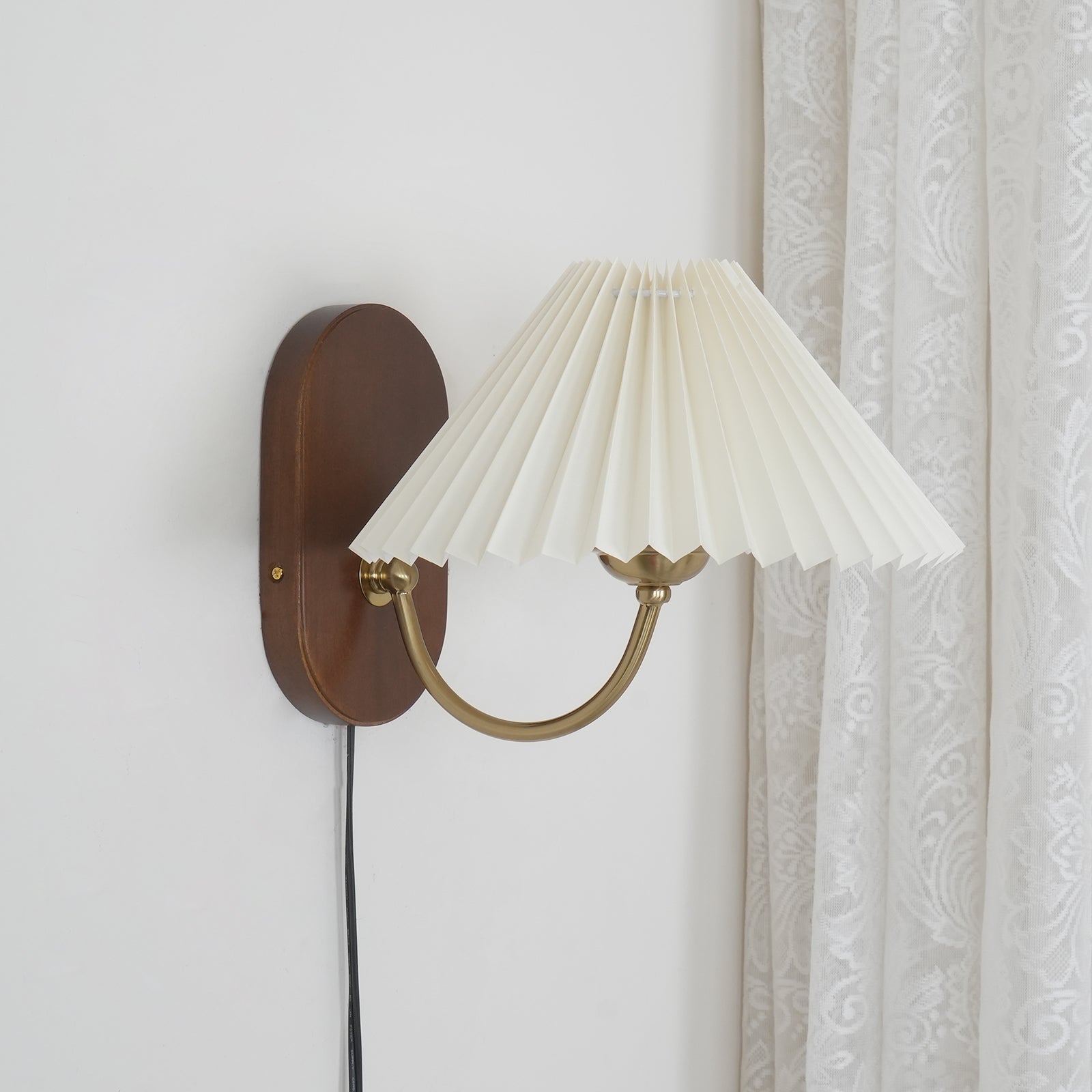 Pleated Shade Plug-In Wall Sconce with Wood Backplate and Brass Arm