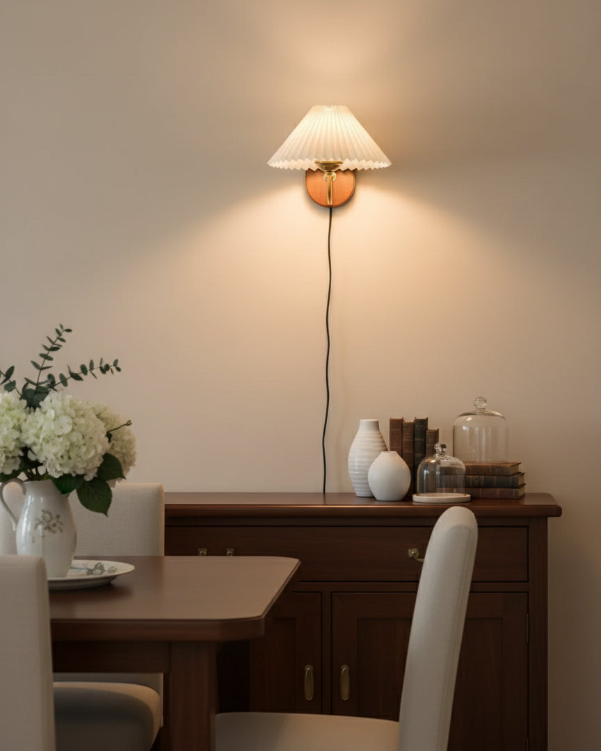 Pleated Shade Plug-In Wall Sconce with Wood Backplate and Brass Arm