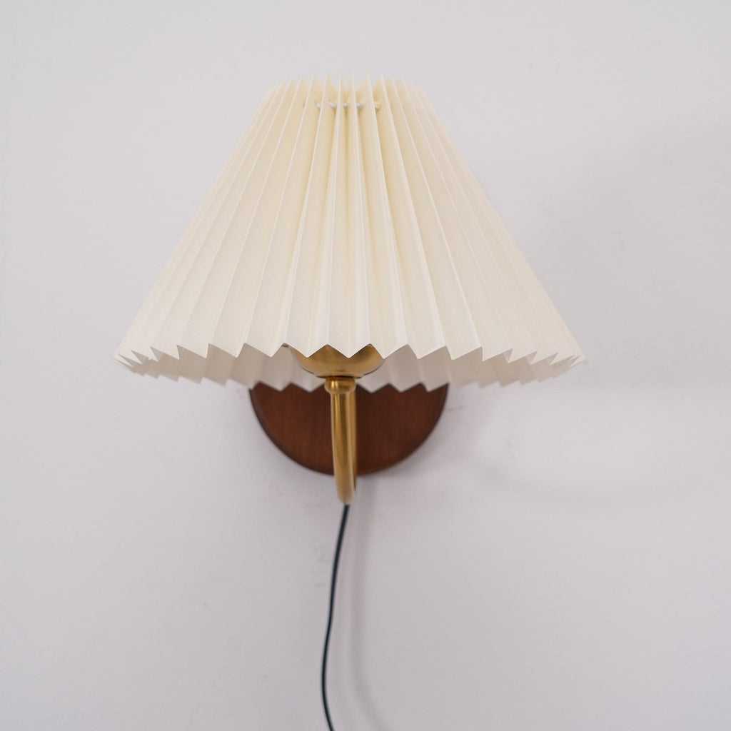 Pleated Shade Plug-In Wall Sconce with Wood Backplate and Brass Arm