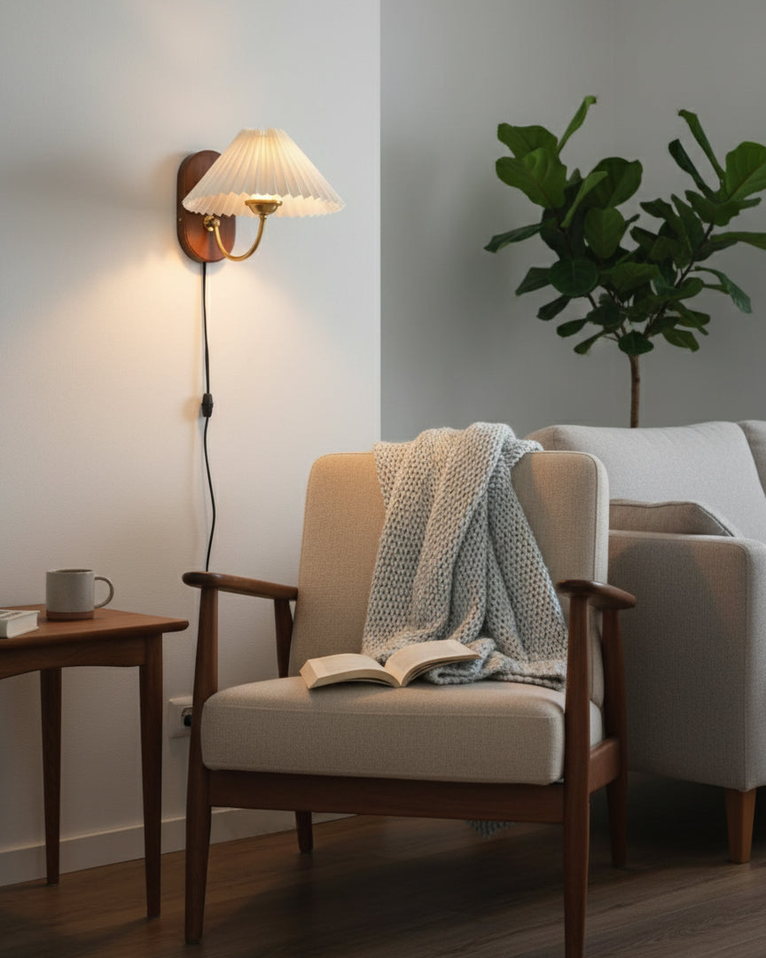 Pleated Shade Plug-In Wall Sconce with Wood Backplate and Brass Arm