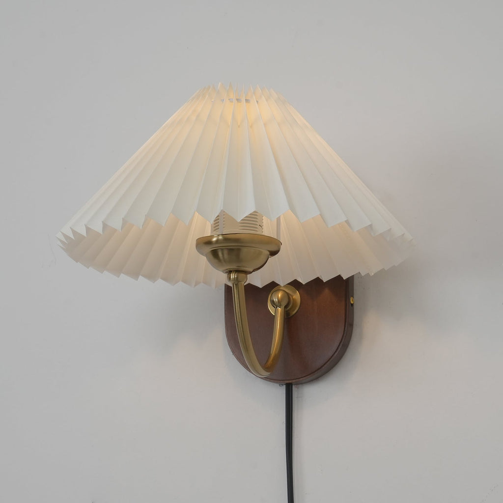 Pleated Shade Plug-In Wall Sconce with Wood Backplate and Brass Arm
