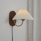 Pleated Shade Plug-In Wall Sconce with Wood Backplate and Brass Arm