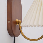 Pleated Shade Plug-In Wall Sconce with Wood Backplate and Brass Arm