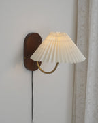 Pleated Shade Plug-In Wall Sconce with Wood Backplate and Brass Arm