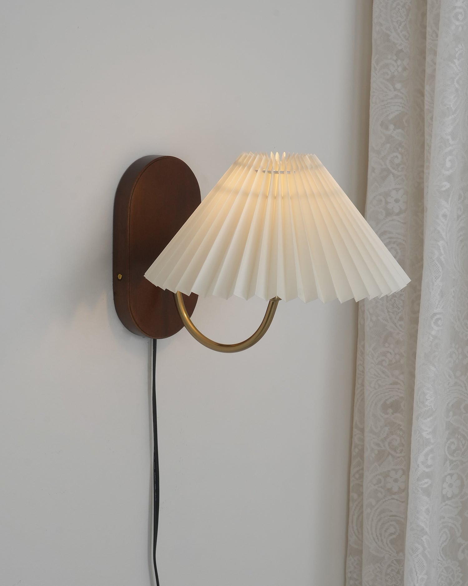 Pleated Shade Plug-In Wall Sconce with Wood Backplate and Brass Arm