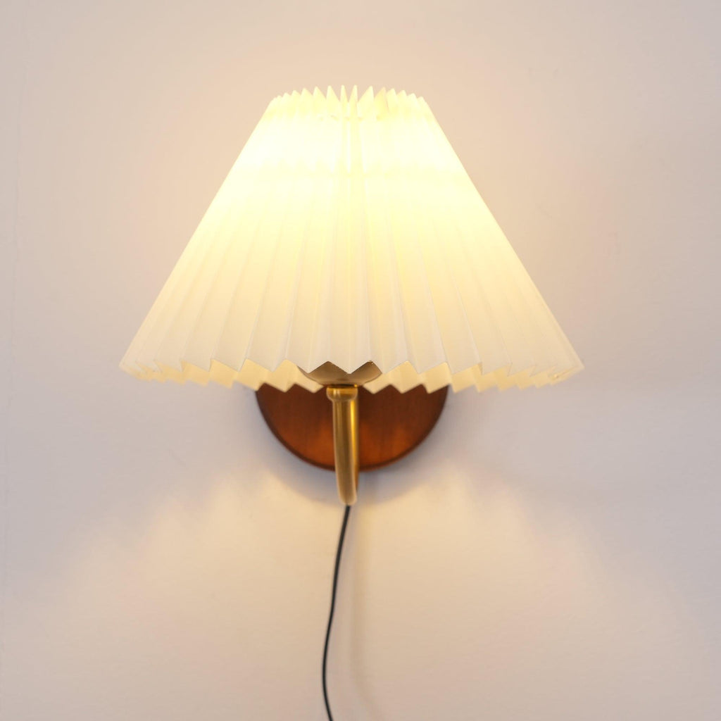 Pleated Shade Plug-In Wall Sconce with Wood Backplate and Brass Arm